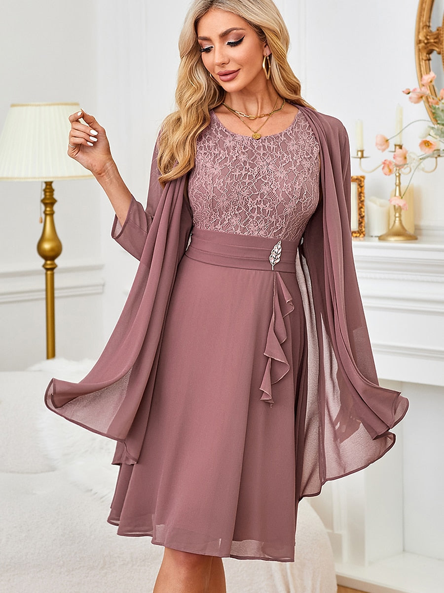 Gray Pink Lace Patchwork Chiffon Midi Dress