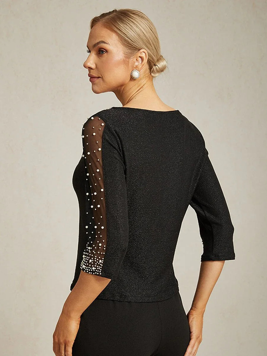 Beaded 3/4 Sleeve Metallic Knit Blouse