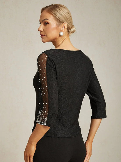 Beaded 3/4 Sleeve Metallic Knit Blouse