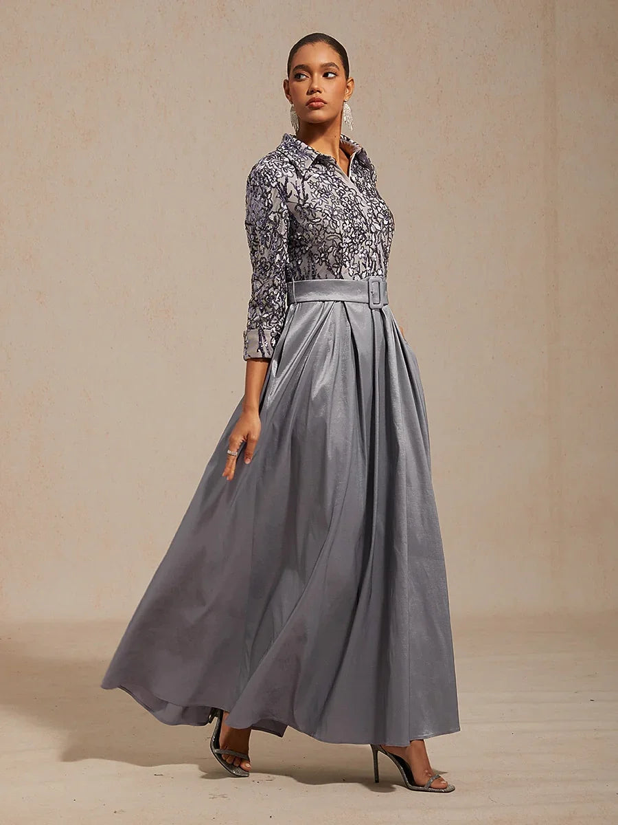 Stretch Taffeta Embroidered Cocktail Dress with Sequin Bodice