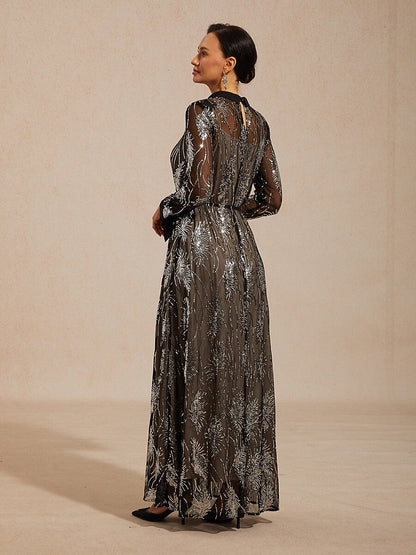 Sequin Mesh Overlay Dress with Crystal Button