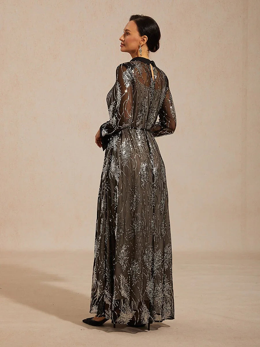 Sequin Mesh Overlay Dress with Crystal Button