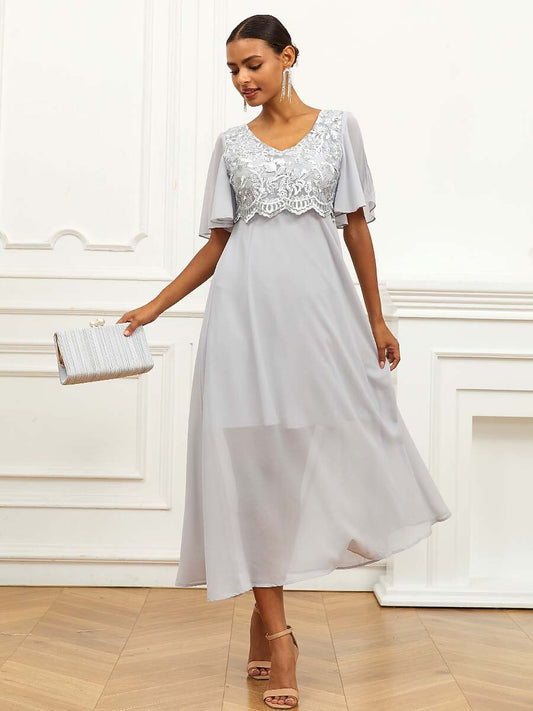Formal Ruffle Lace Chiffon Dress