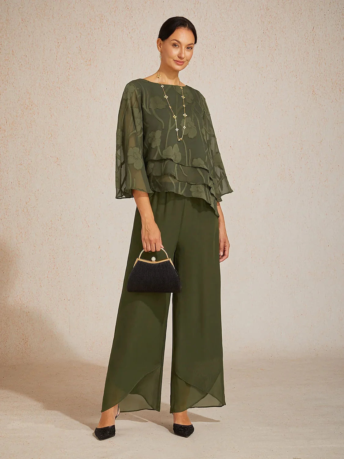 Straight Leg Mid Waist Layered Chiffon Pants