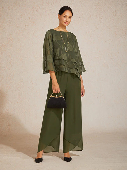 Straight Leg Mid Waist Layered Chiffon Pants