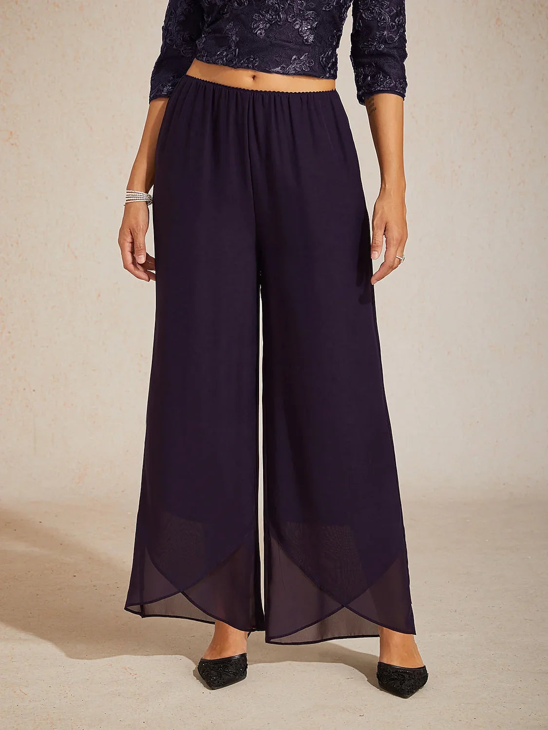 Straight Leg Mid Waist Layered Chiffon Pants