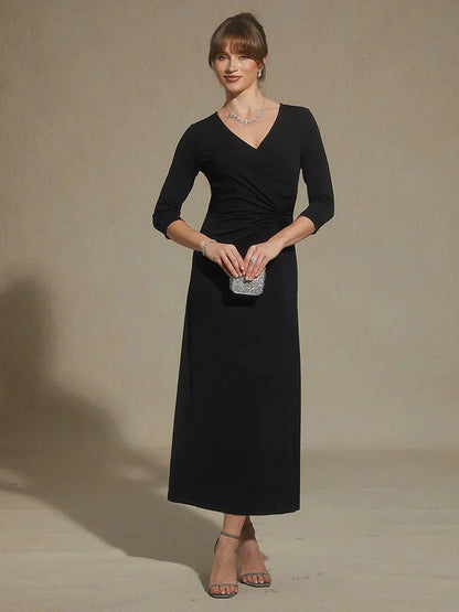 Black V-Neck A-Line Knit Dress with Waist Twist Design