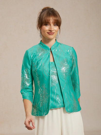 Elegant Mandarin Collar Sequin Twinset