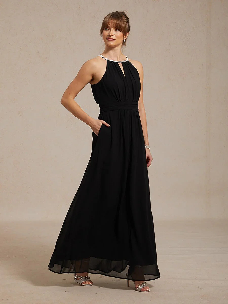 Chiffon Pearl Halter Neck Floor-Length Dress with Wrinkle Resistant chiffon