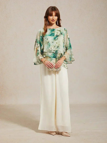 Lace Chiffon Layered Blouse with Floral Print