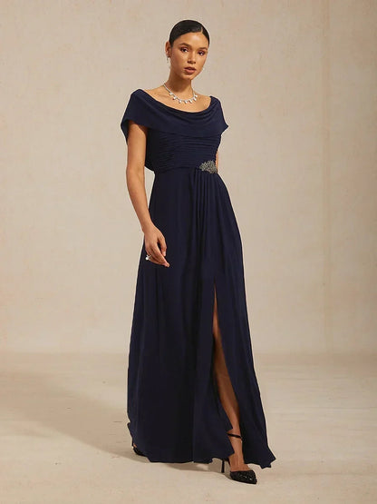 Draped Neck Jersey Evening Dress with Pleated Bodice