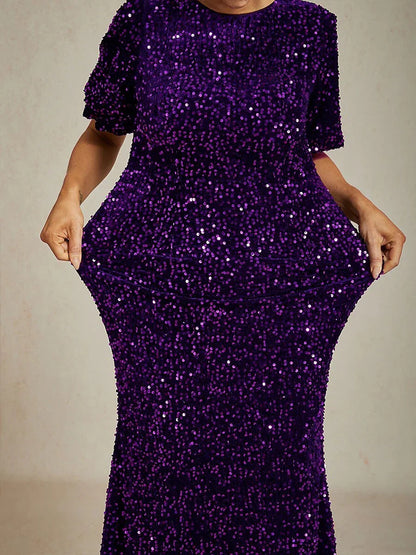 Velvet Sequin Midi Dress with Puff Sleeves