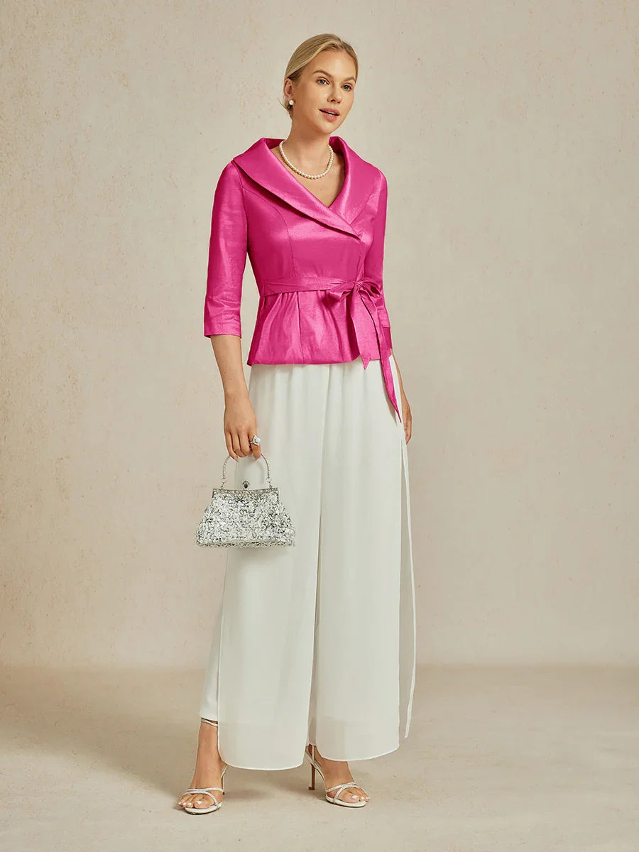 3/4 Sleeve Stretch Taffeta Blouse with Tie Waist Detail