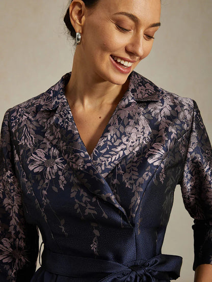Robe chemise à imprimé jacquard fleuri avec ceinture et poches latérales
