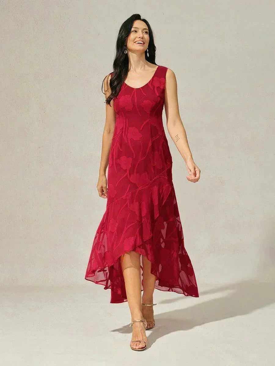 Abendkleid aus Chiffon mit Blumenmuster und asymmetrischem Saum