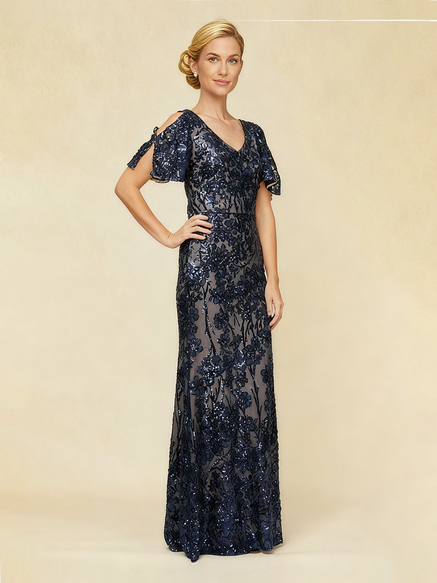 V-Neck Sequin Embroidered Cold Shoulder Evening Dress