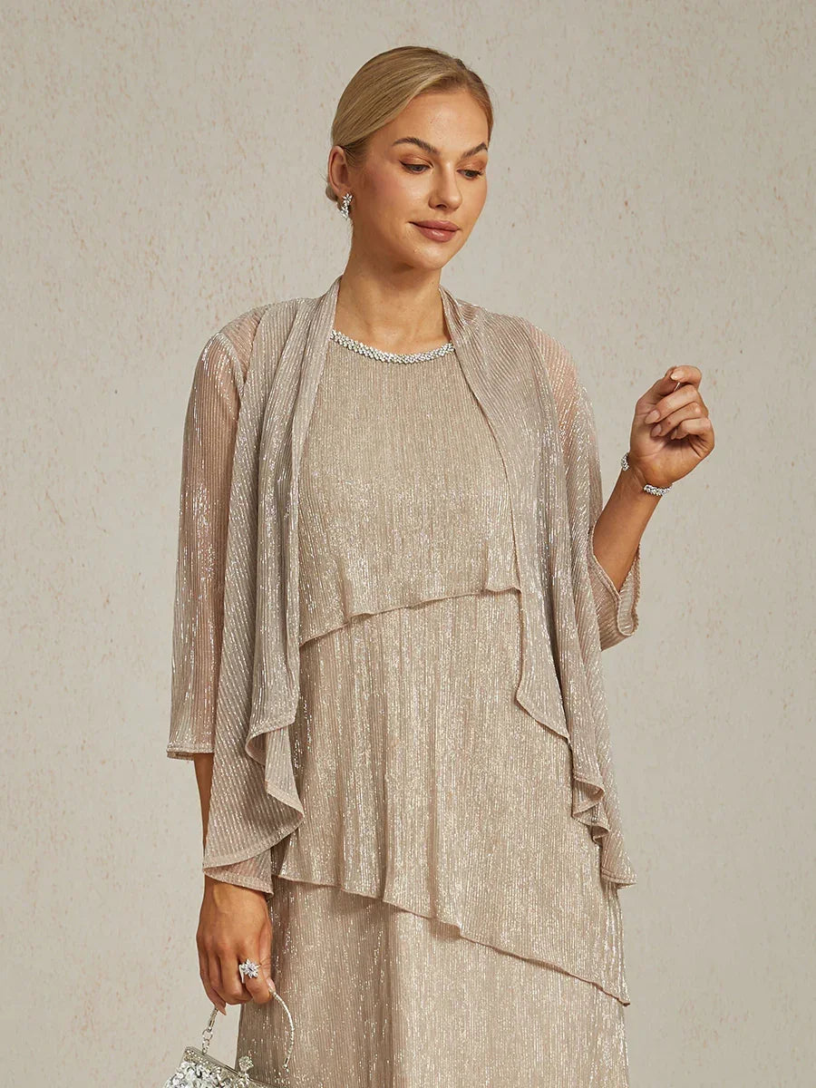 Metallic-plissierte lange Chiffonjacke mit Lagen-Design