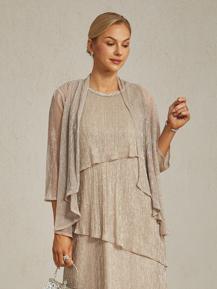 Metallic-plissierte lange Chiffonjacke mit Lagen-Design