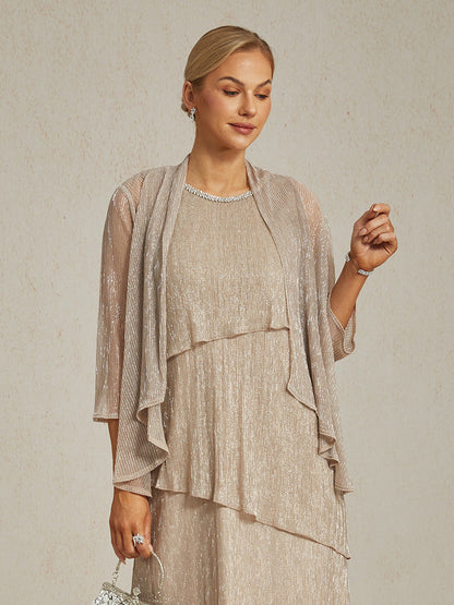 Metallic-plissierte lange Chiffonjacke mit Lagen-Design