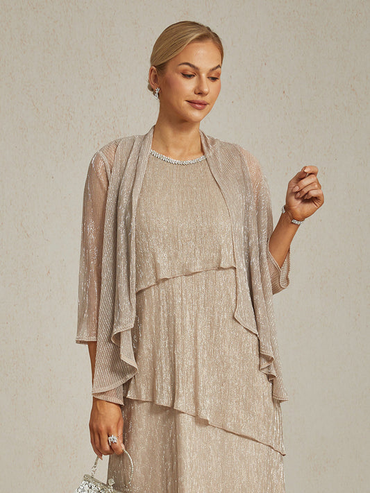 Metallic Pleated Chiffon Long Jacket with Layered Design