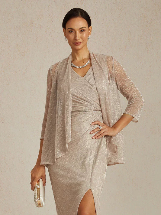 Metallic Pleated Chiffon Long Jacket with Layered Design