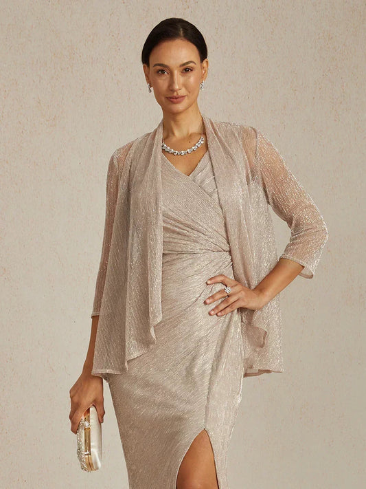 Metallic Pleated Chiffon Long Jacket with Layered Design
