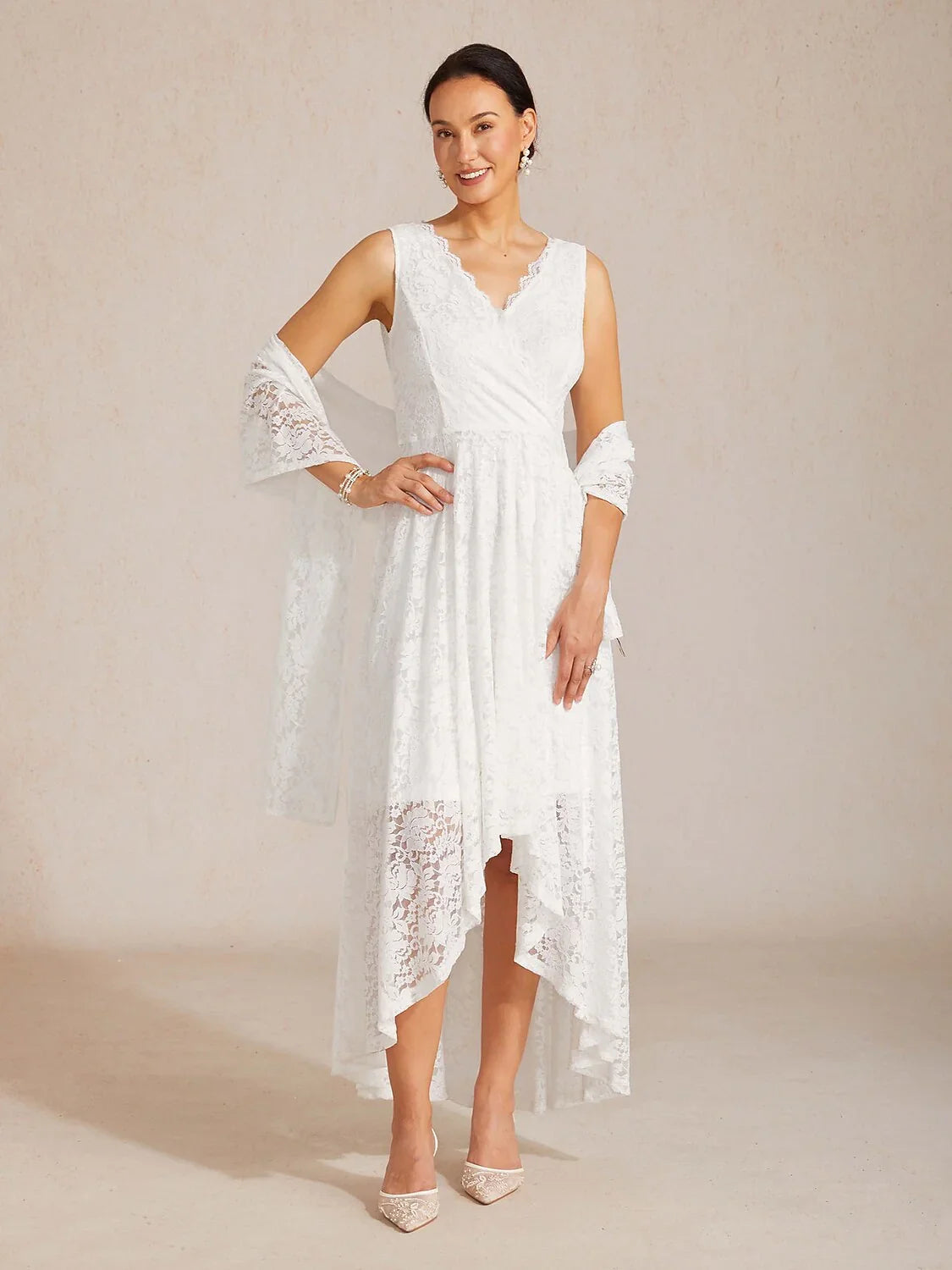 Lightweight Sleeveless Lace Wedding Dress with Matching Shawl