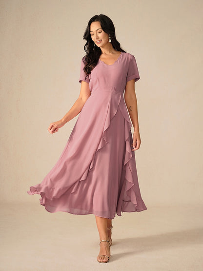 Asymmetrical Ruffle V Neck Blush Pink Maxi Dress