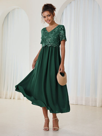 Chiffon Lace V Neck Short Sleeve Flared Midi Dress