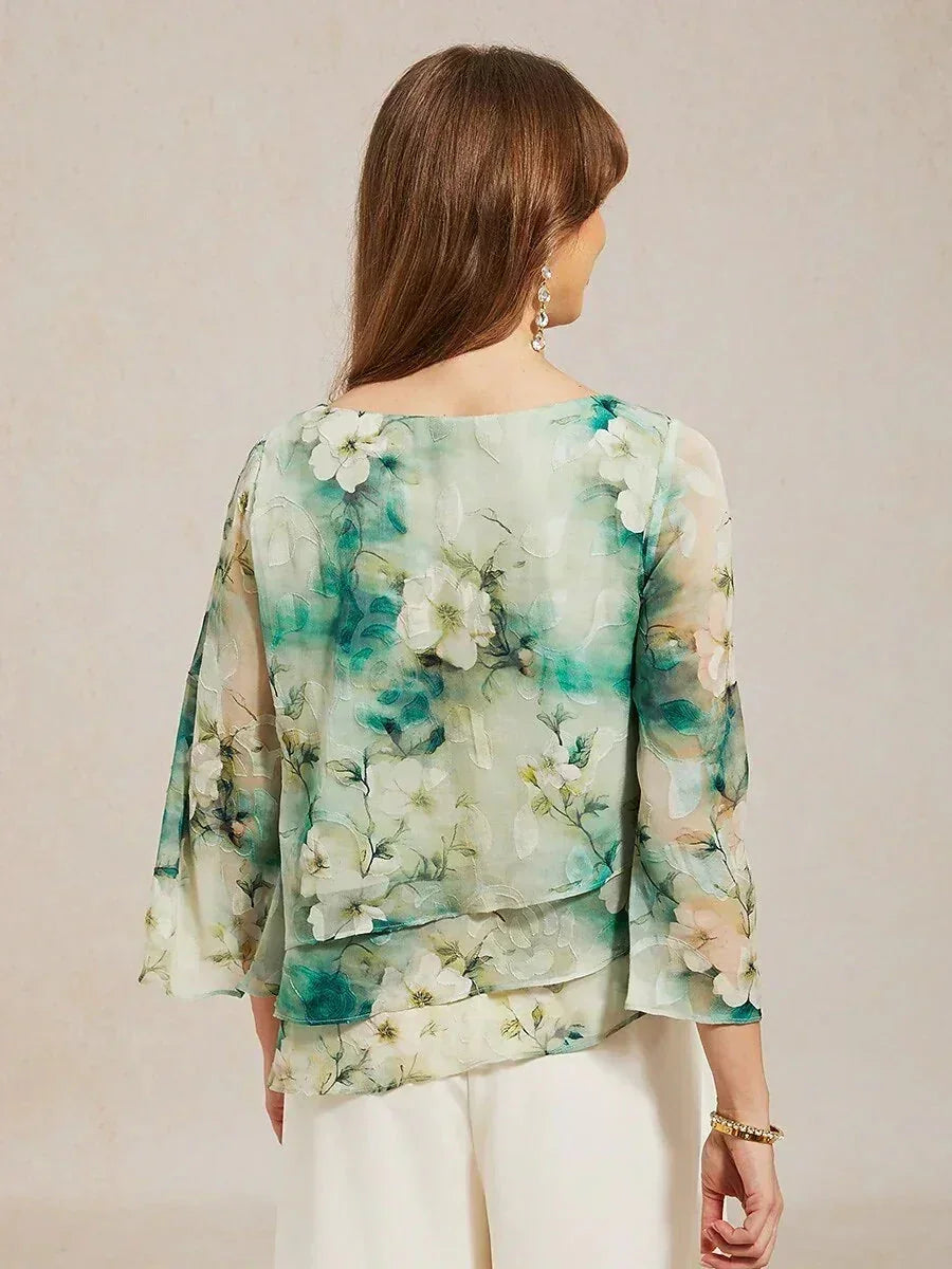 Lace Chiffon Layered Blouse with Floral Print
