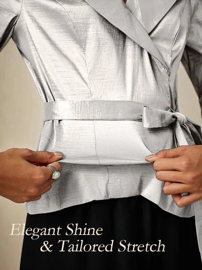 3/4 Sleeve Stretch Taffeta Blouse with Tie Waist Detail