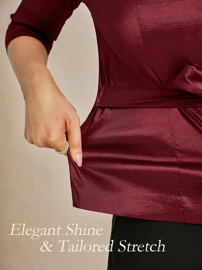 3/4 Sleeve Stretch Taffeta Blouse with Tie Waist Detail