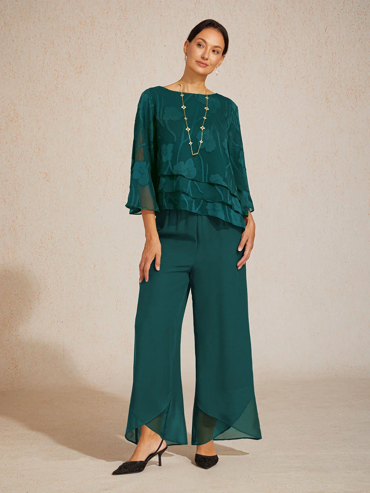 Straight Leg Mid Waist Layered Chiffon Pants
