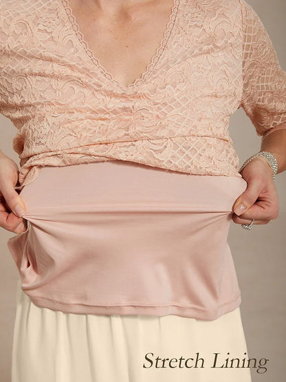 Feminine V-Neck Stretch Lace Top with Scalloped Hem