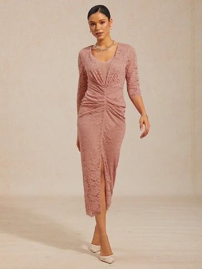 Lace Ruched Midi Dress with Front Slit