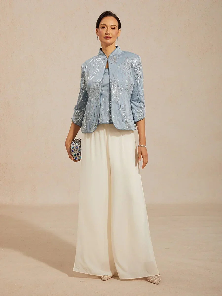 Elegant Mandarin Collar Sequin Twinset
