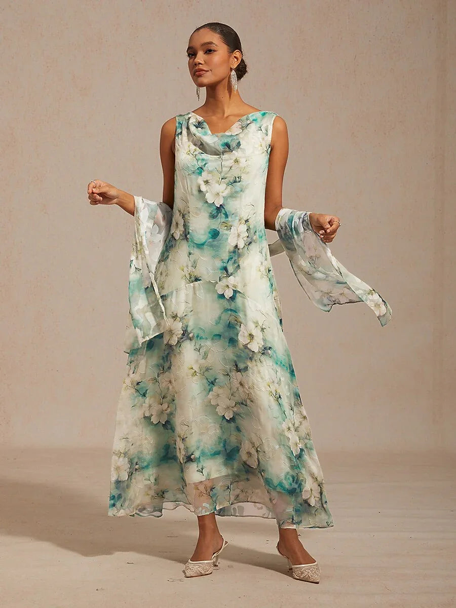 Floral Cowl Neck Tea-Length Dress with Flounce Hem