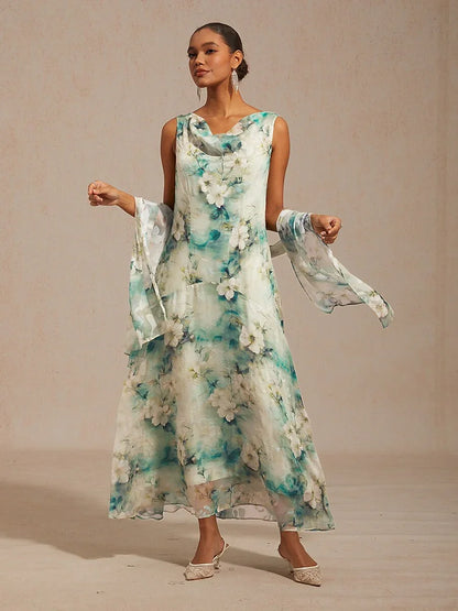 Floral Cowl Neck Tea-Length Dress with Flounce Hem