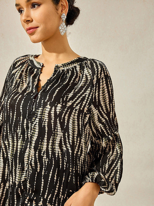 Satin Lantern Sleeve Notched Collar Buttoned Blouse
