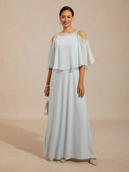 Cold Shoulder A-Line Chiffon Gown with Rhinestone