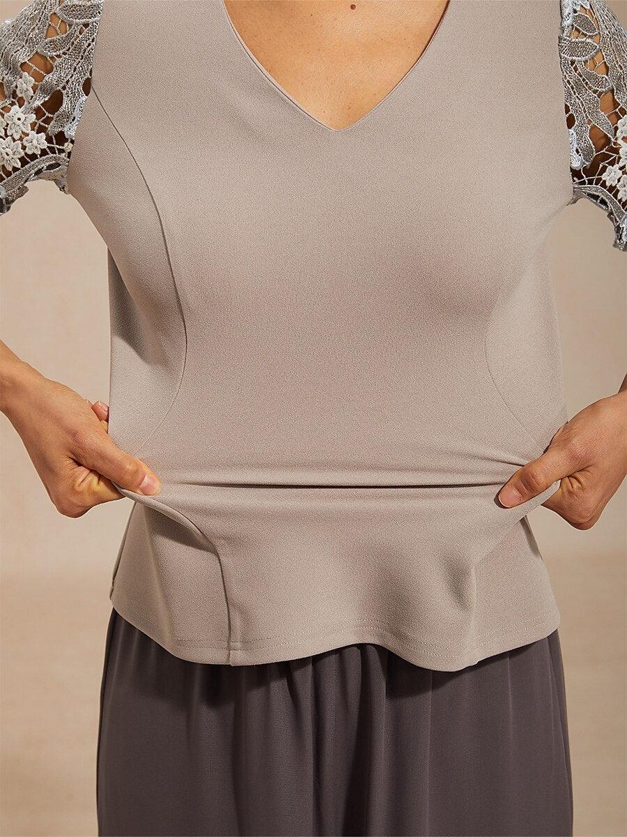 V-Neck Lace Sleeve Top with Embroidered Detail