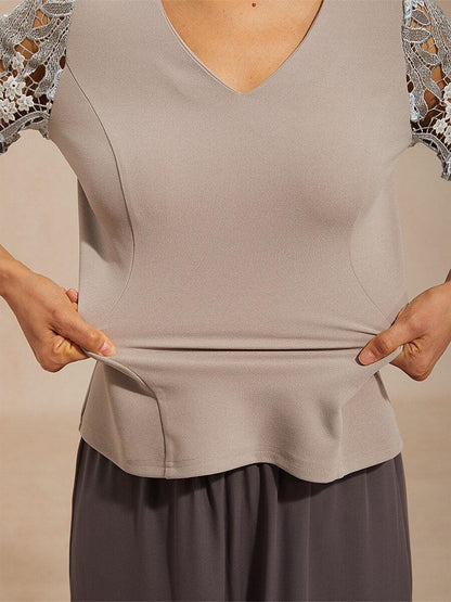 V-Neck Lace Sleeve Top with Embroidered Detail