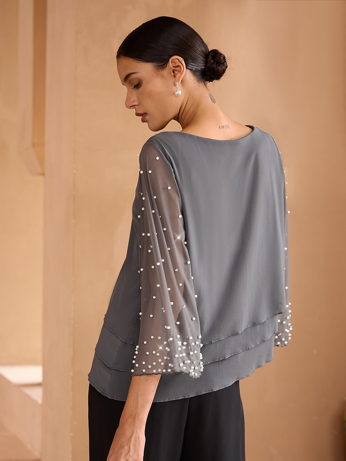 Beaded Layered Mesh Blouse