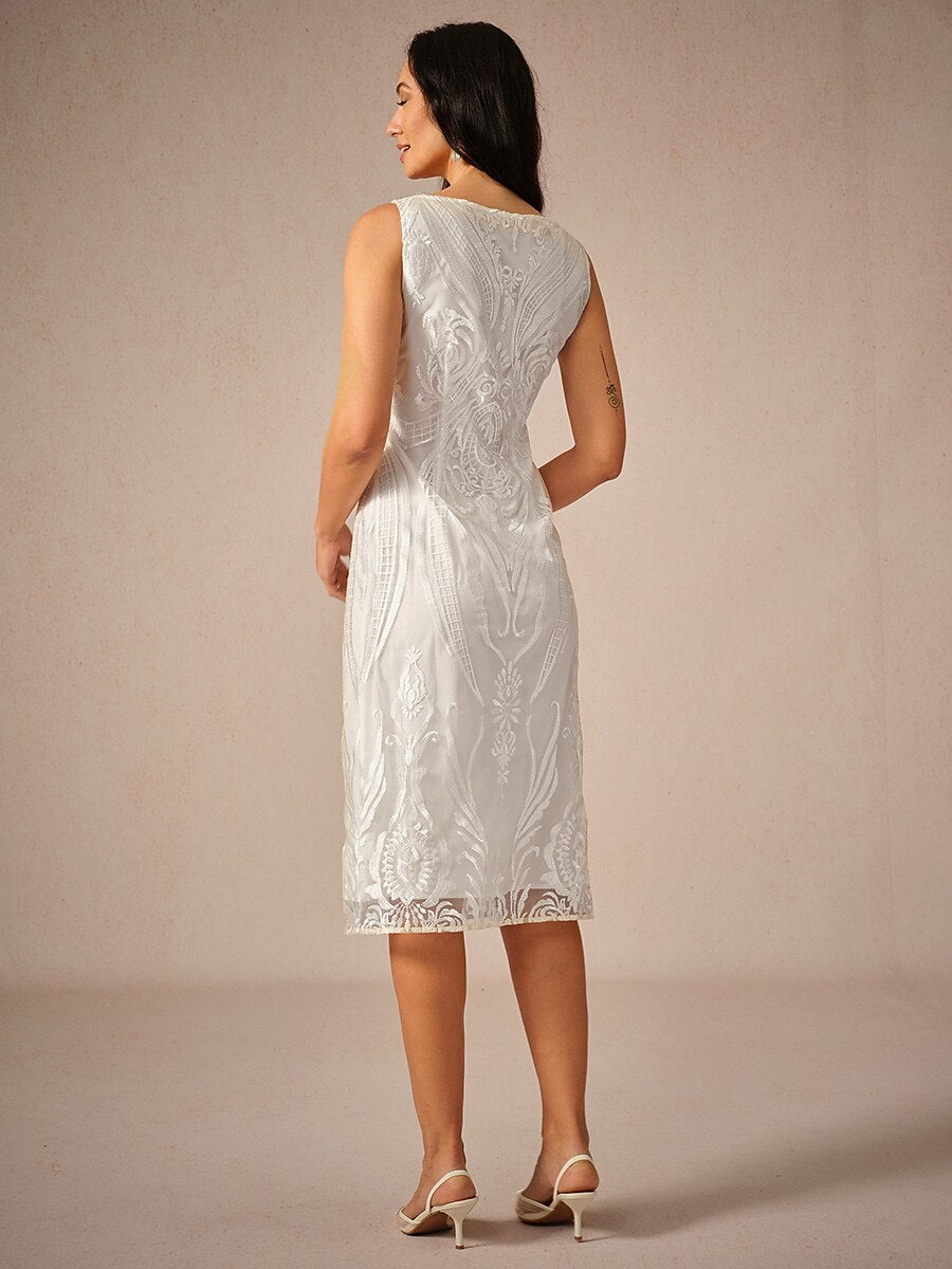 Embroidery Lace Boat Neck Sleeveless Dress