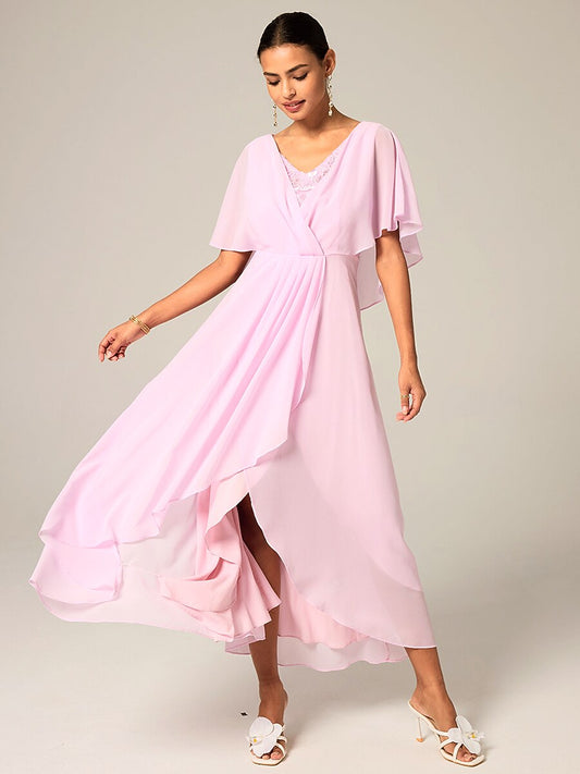Ruched Chiffon Embroidery Lace Pink Dress-S9841068