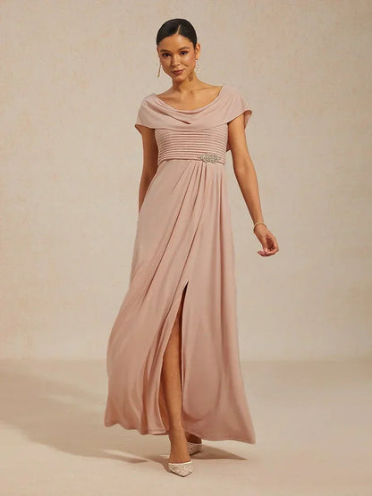 Draped Neck Jersey Evening Dress with Pleated Bodice