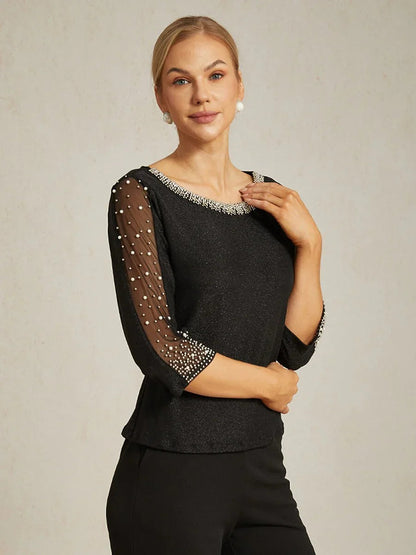 Beaded 3/4 Sleeve Metallic Knit Blouse