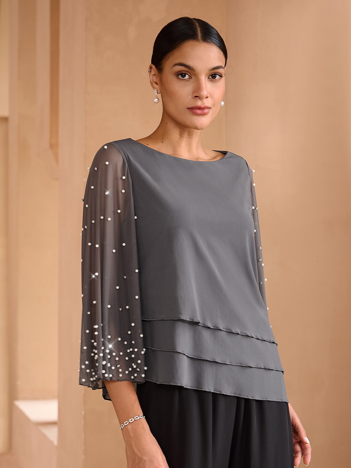 Beaded Layered Mesh Blouse
