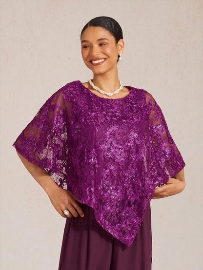 Rosette Lace Batwing Top with Sequin Accent