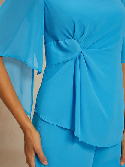 Blue Ruched Crew Neck Two-piece Set